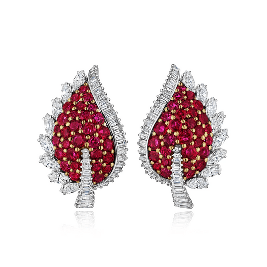 Raymonde Sarrazy France 1960s Platinum & 18KT Yellow Gold Ruby & Diamond Earrings front