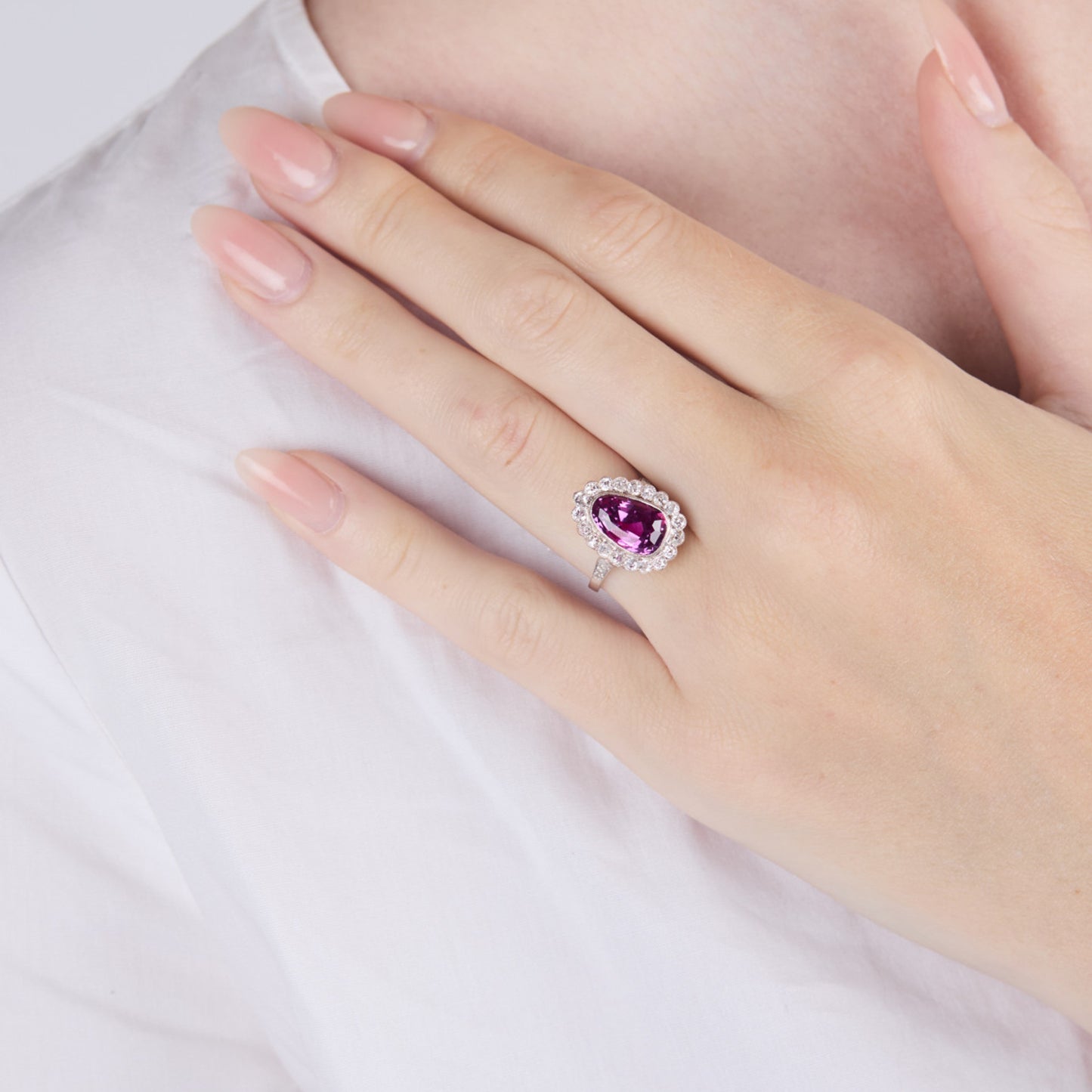 Edwardian Platinum & 18KT White Gold Sapphire & Diamond Ring on hand