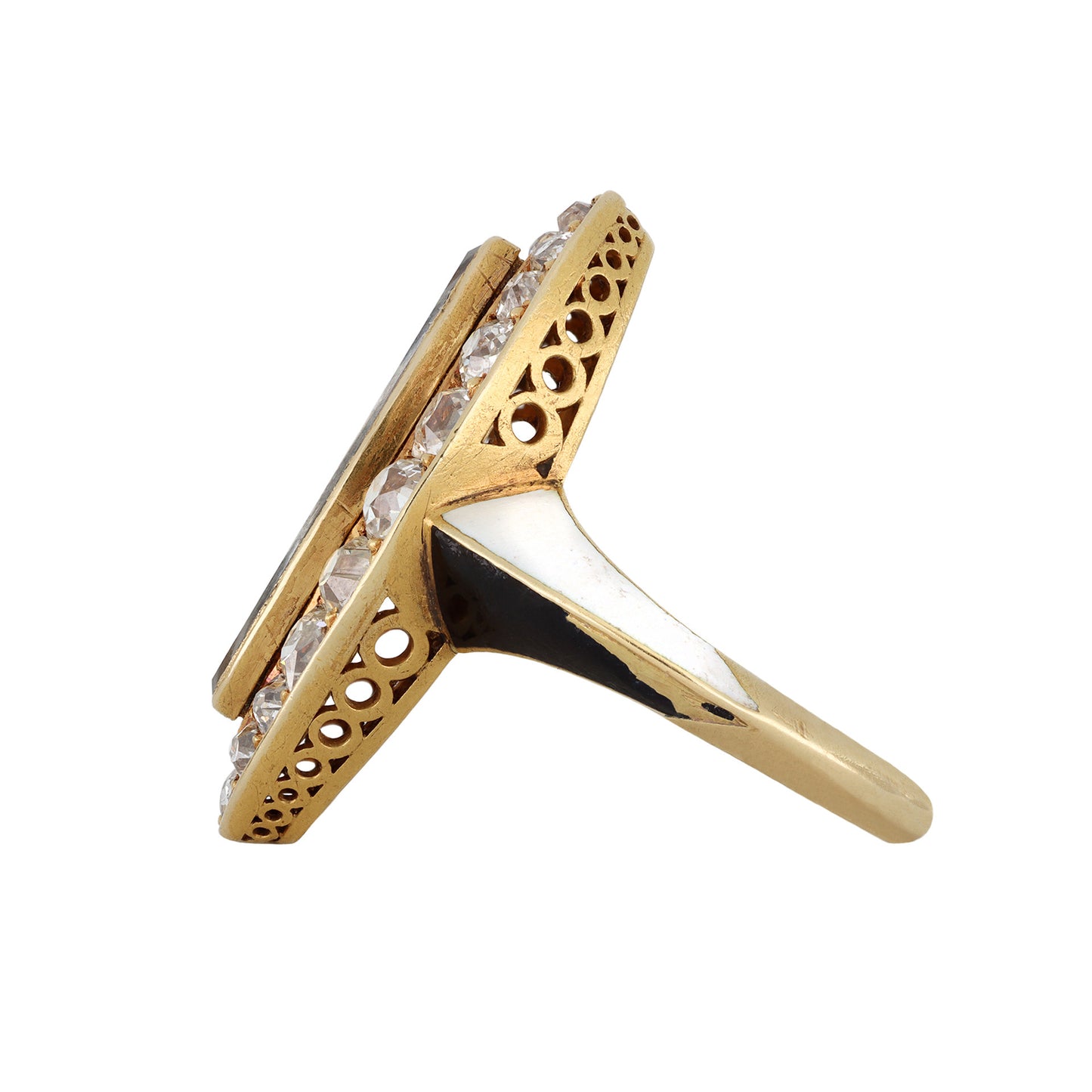 Phillips Brothers & Son English Victorian 18KT Yellow Gold Diamond, Enamel & Hair Ring side
