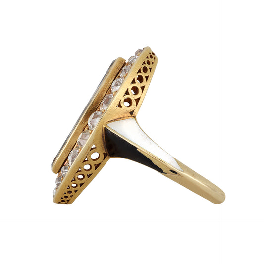 Phillips Brothers & Son English Victorian 18KT Yellow Gold Diamond, Enamel & Hair Ring side
