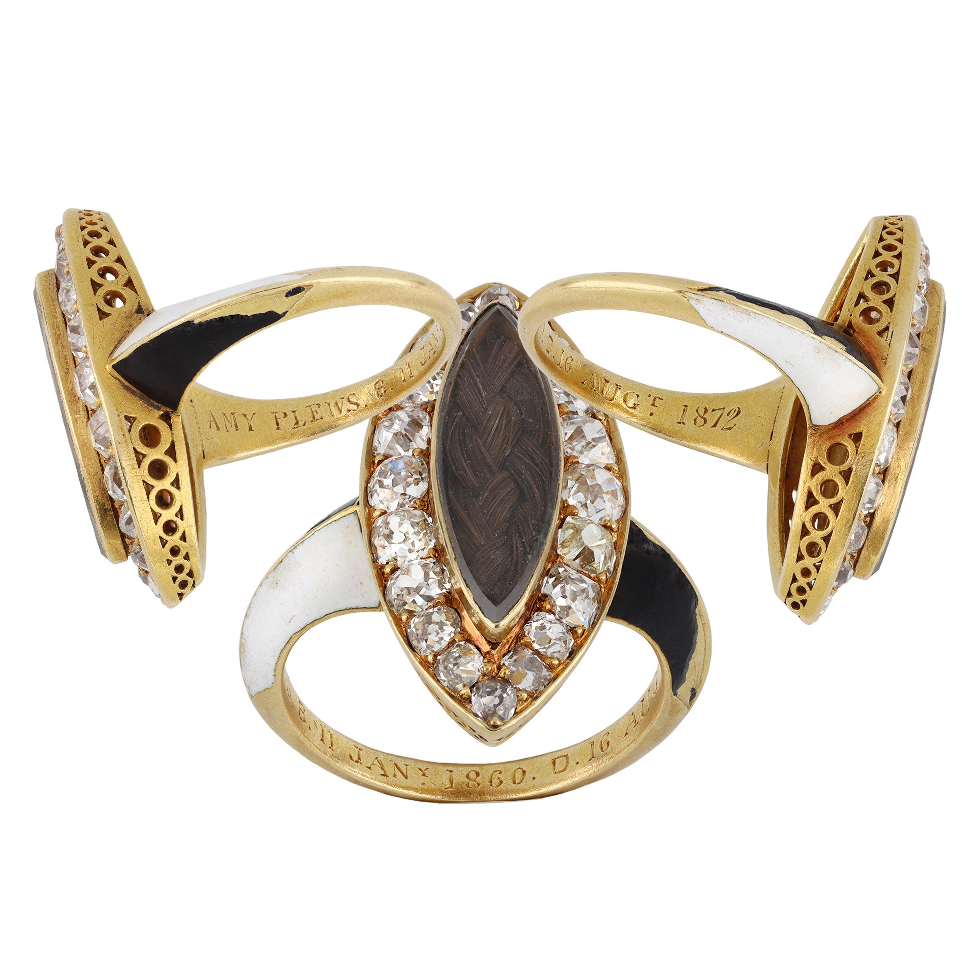 Phillips Brothers & Son English Victorian 18KT Yellow Gold Diamond, Enamel & Hair Ring front and sides