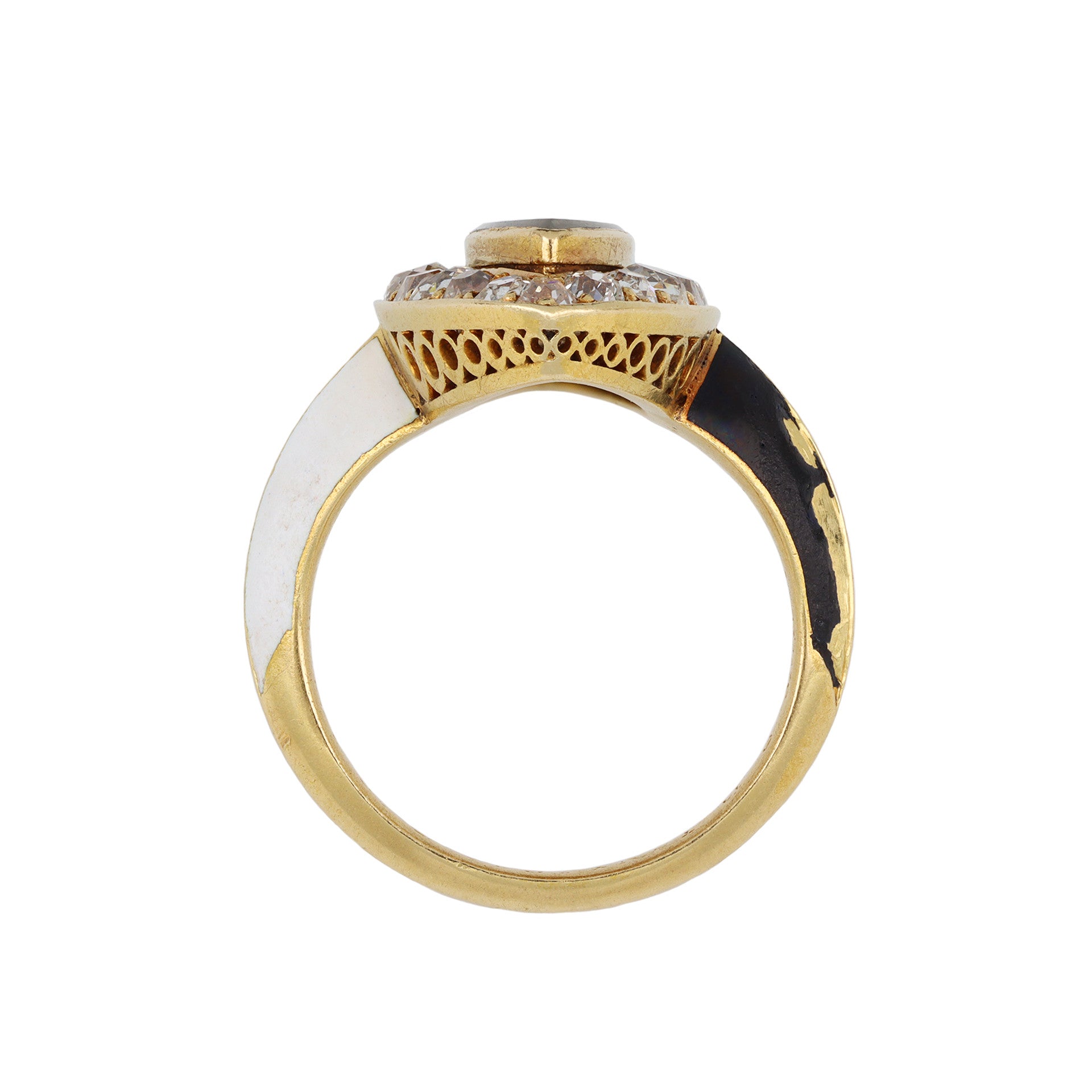 Phillips Brothers & Son English Victorian 18KT Yellow Gold Diamond, Enamel & Hair Ring profile