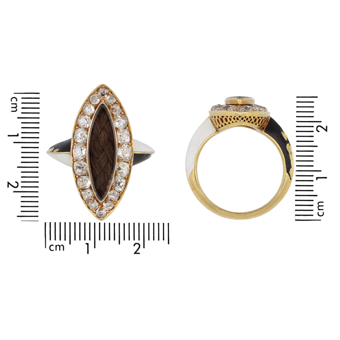 Phillips Brothers & Son English Victorian 18KT Yellow Gold Diamond, Enamel & Hair Ring measurements