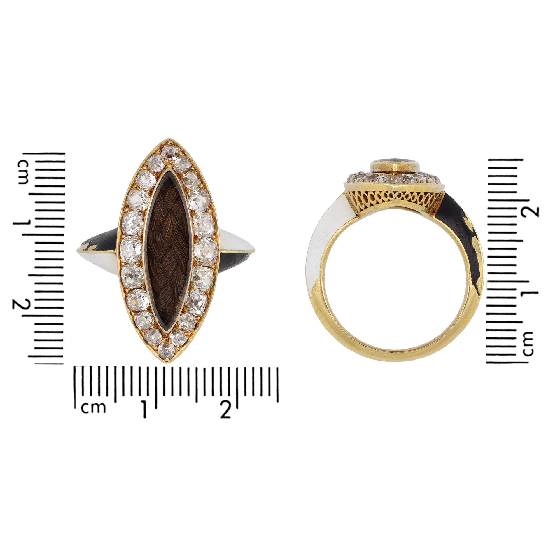 Phillips Brothers & Son English Victorian 18KT Yellow Gold Diamond, Enamel & Hair Ring measurements