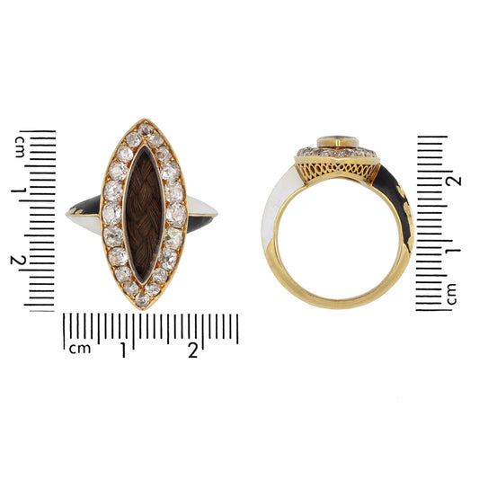 Phillips Brothers & Son English Victorian 18KT Yellow Gold Diamond, Enamel & Hair Ring measurements