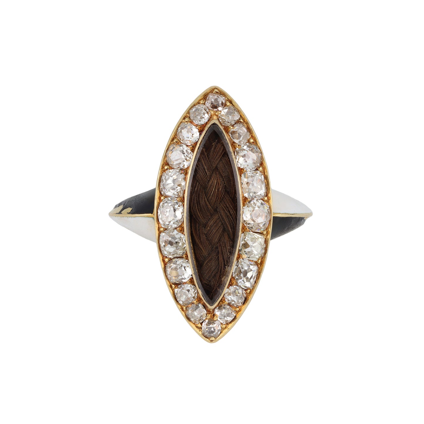 Phillips Brothers & Son English Victorian 18KT Yellow Gold Diamond, Enamel & Hair Ring front