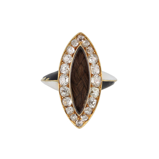 Phillips Brothers & Son English Victorian 18KT Yellow Gold Diamond, Enamel & Hair Ring front