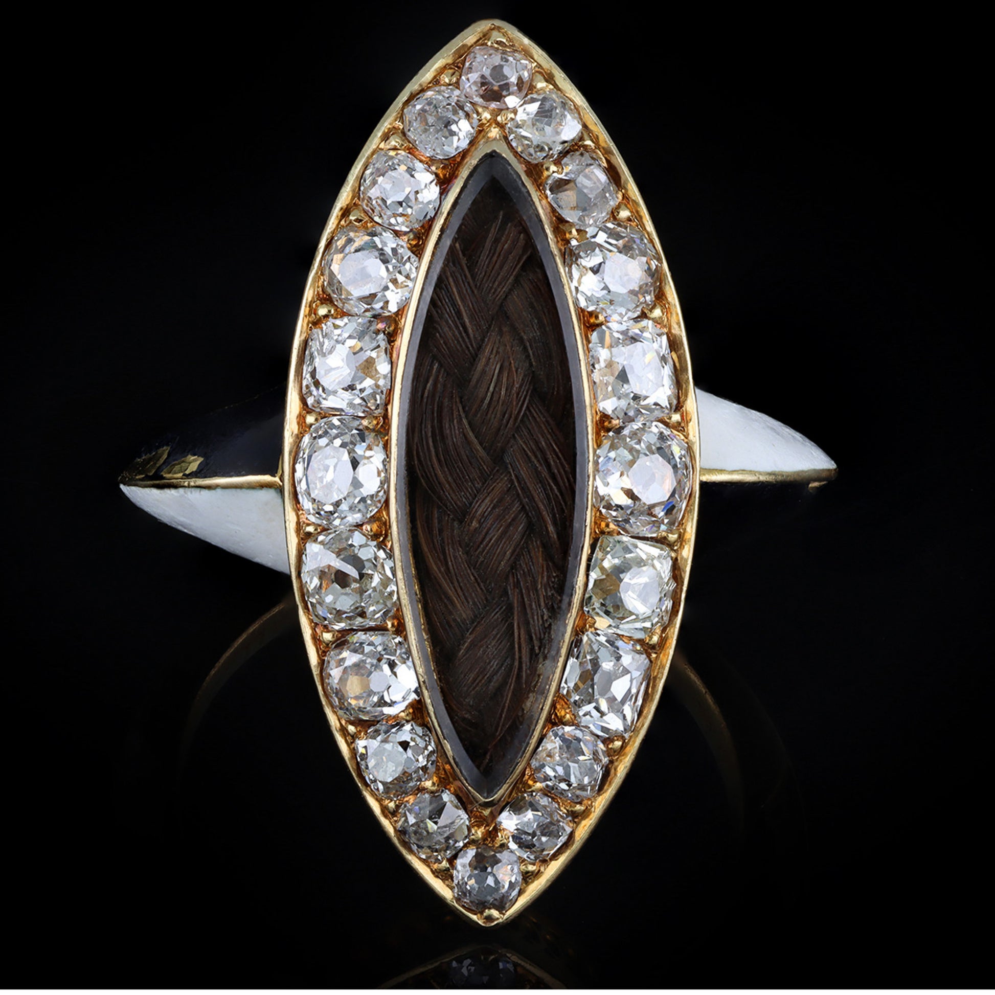 Phillips Brothers & Son English Victorian 18KT Yellow Gold Diamond, Enamel & Hair Ring front