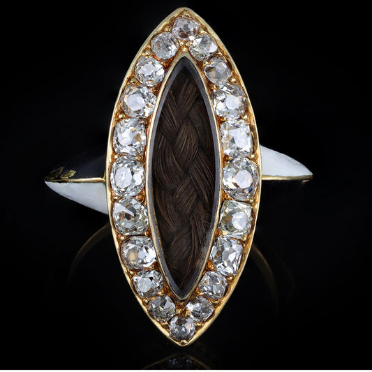 Phillips Brothers & Son English Victorian 18KT Yellow Gold Diamond, Enamel & Hair Ring front