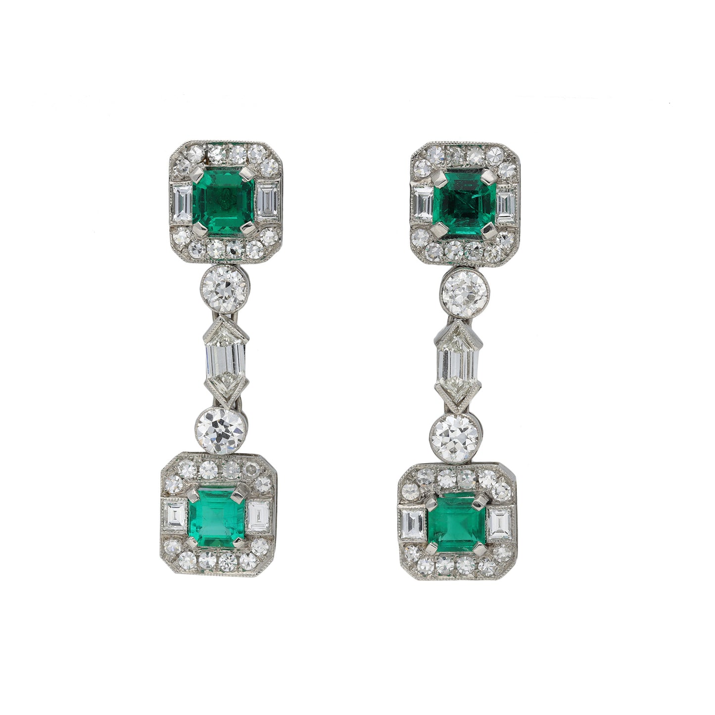 Art Deco Platinum Emerald & Diamond Earrings front