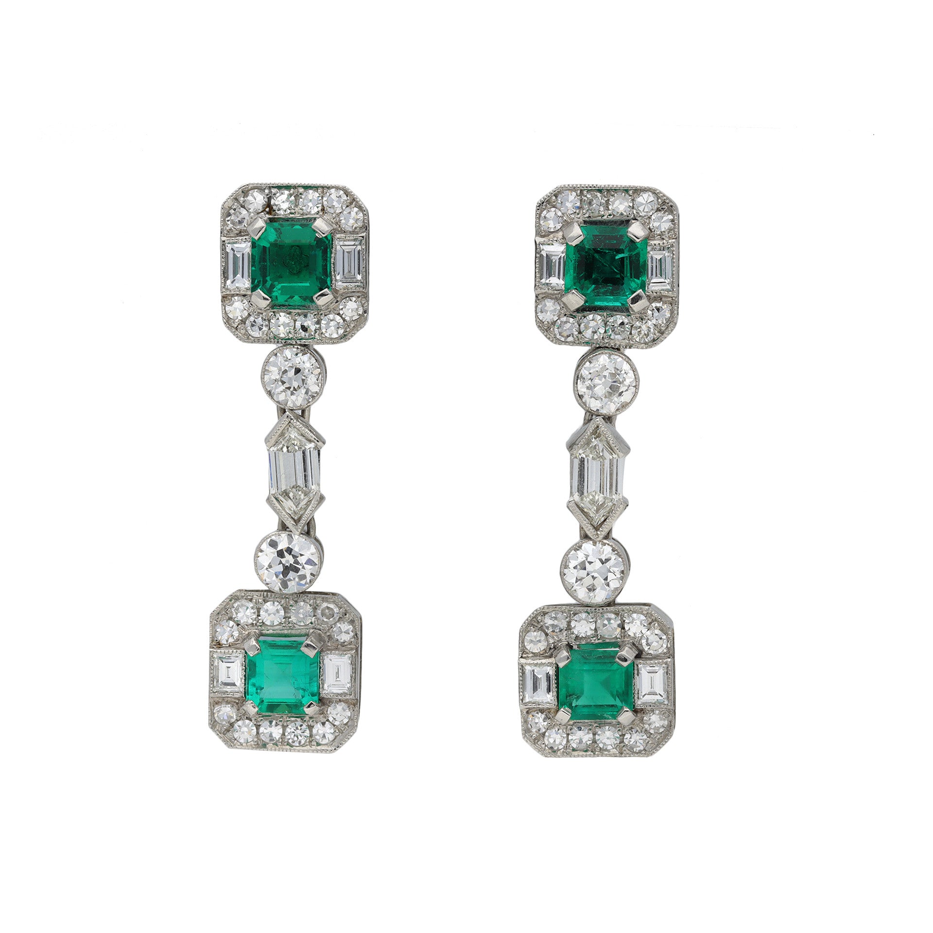 Art Deco Platinum Emerald & Diamond Earrings front