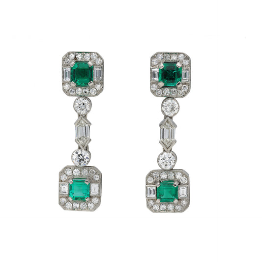 Art Deco Platinum Emerald & Diamond Earrings front