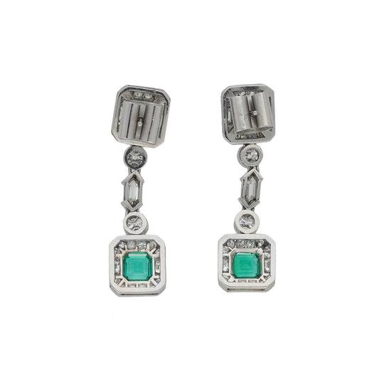 Art Deco Platinum Emerald & Diamond Earrings back