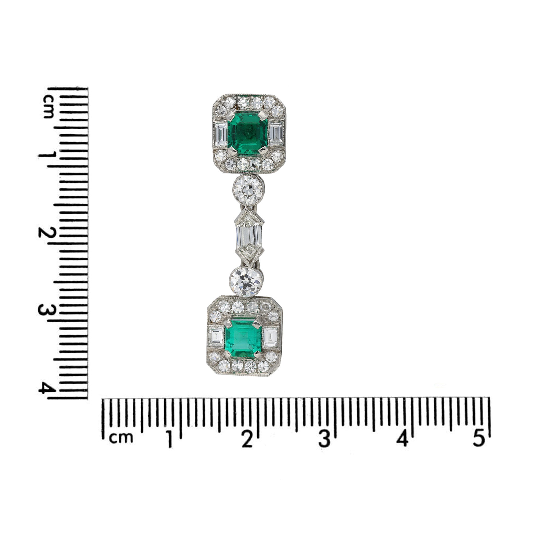 Art Deco Platinum Emerald & Diamond Earrings measurement