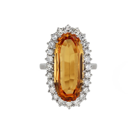 English 1980s 18KT White Gold Imperial Topaz & Diamond Ring front