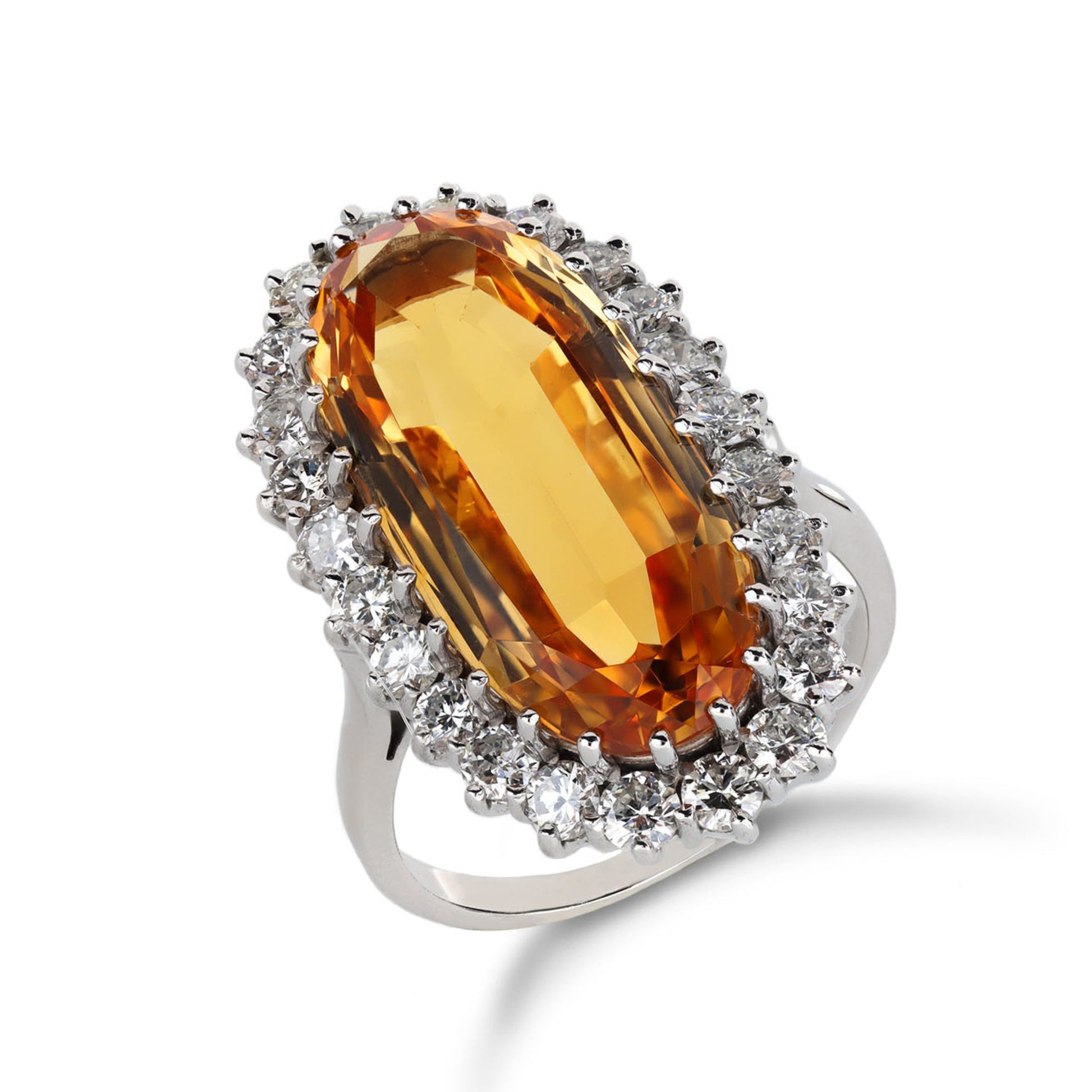 English 1980s 18KT White Gold Imperial Topaz & Diamond Ring front