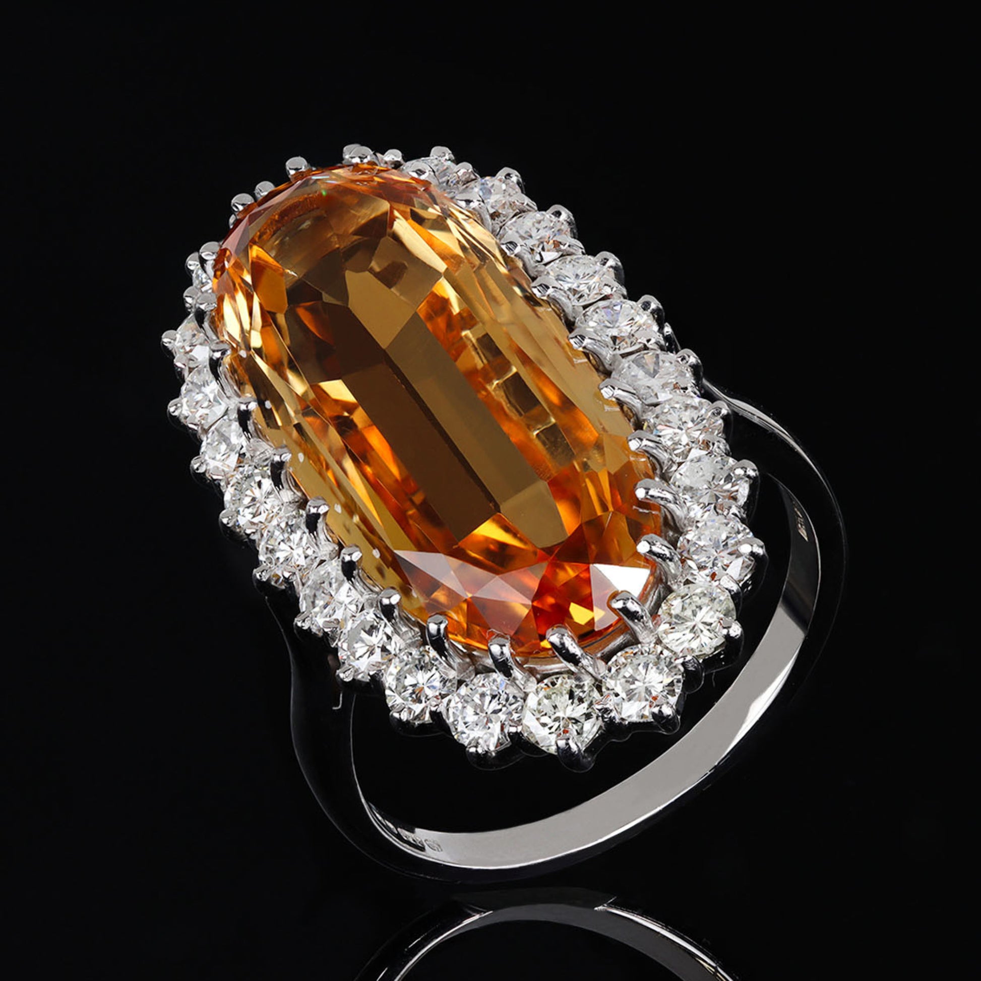 English 1980s 18KT White Gold Imperial Topaz & Diamond Ring front