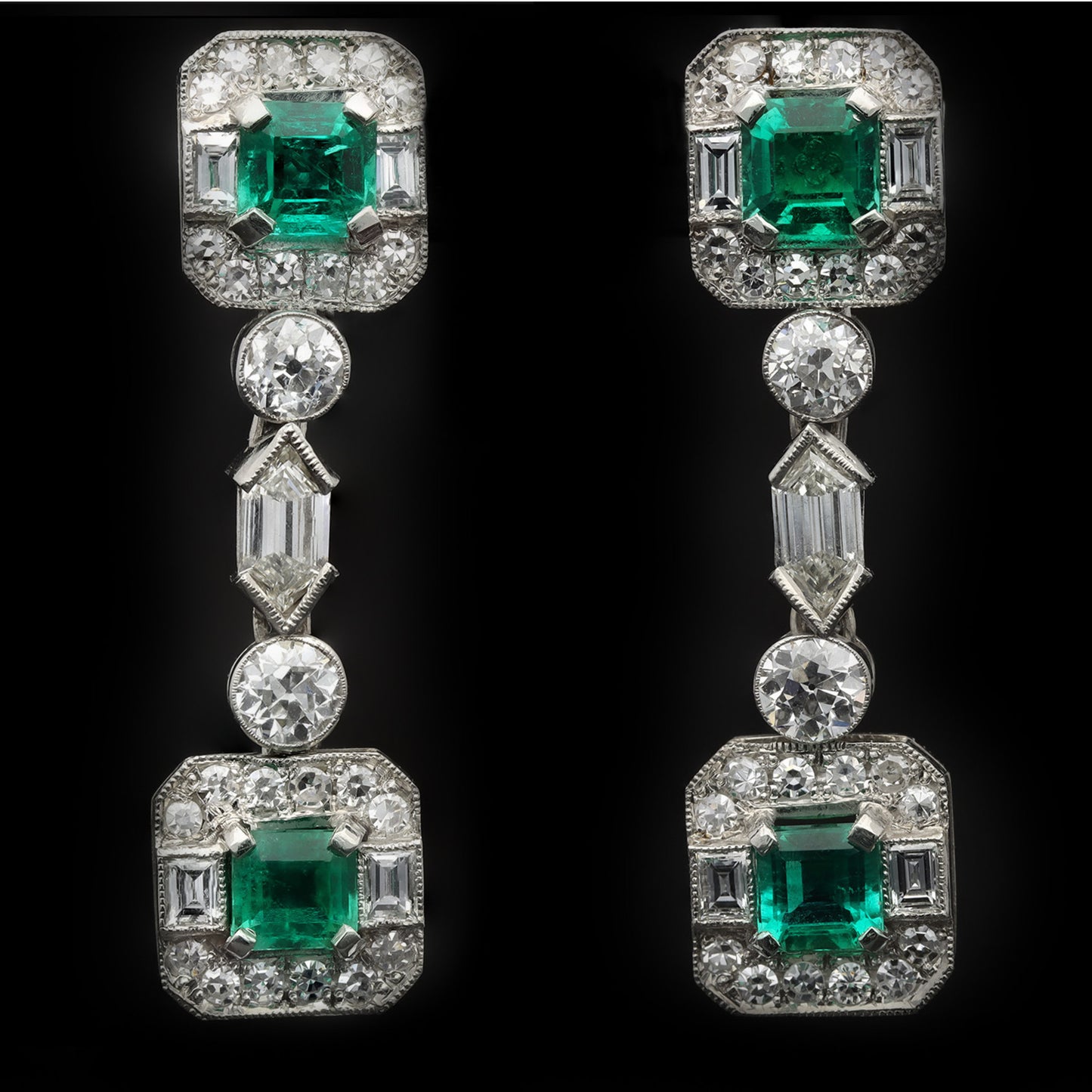Art Deco Platinum Emerald & Diamond Earrings front