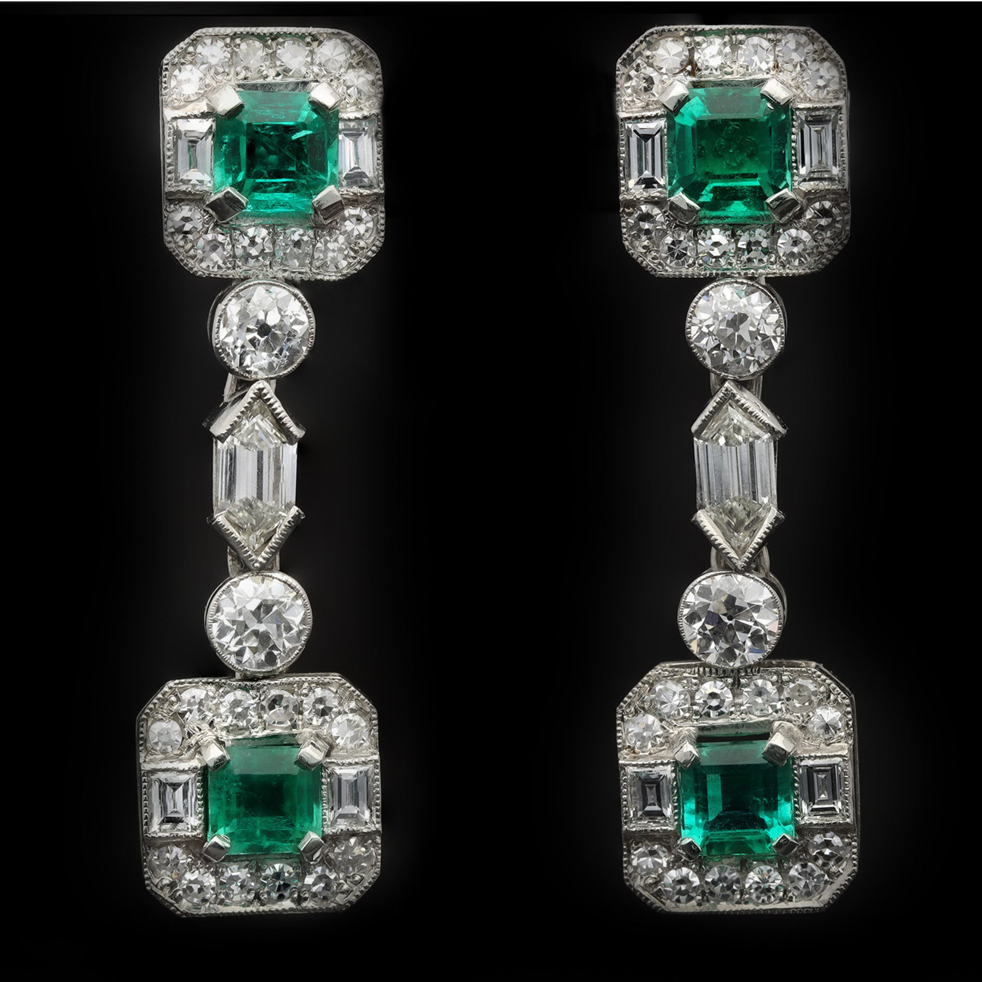 Art Deco Platinum Emerald & Diamond Earrings front