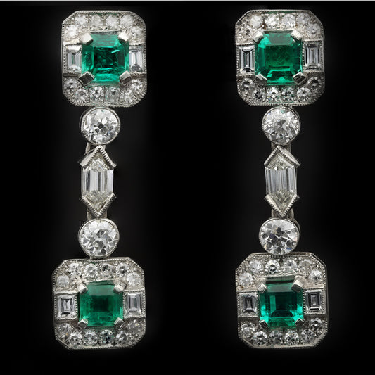Art Deco Platinum Emerald & Diamond Earrings front