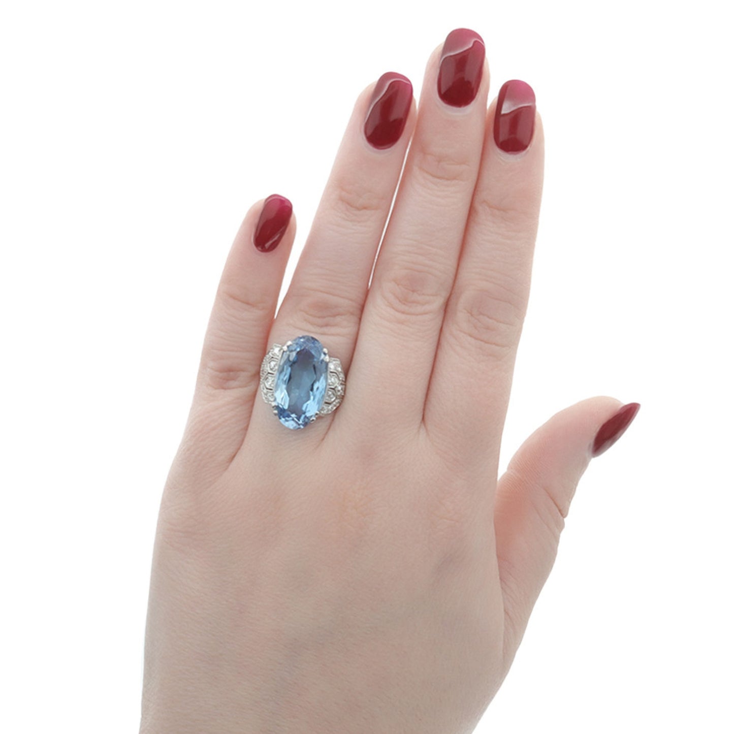 Art Deco Platinum Aquamarine & Diamond Ring on finger