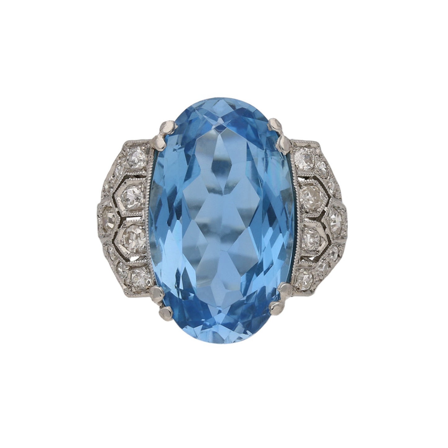 Art Deco Platinum Aquamarine & Diamond Ring front