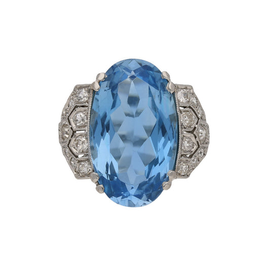 Art Deco Platinum Aquamarine & Diamond Ring front