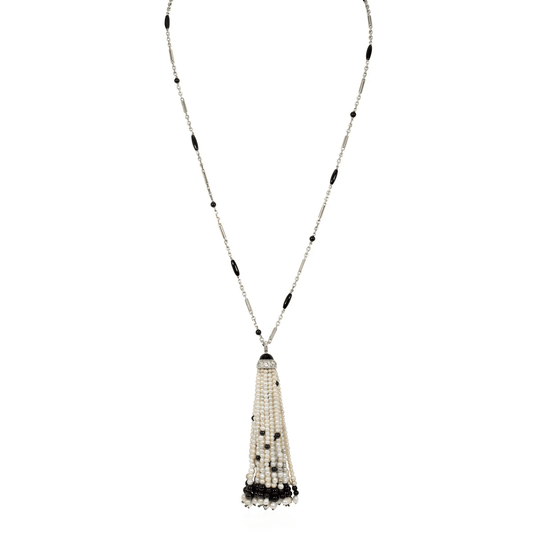 Art Deco Platinum Natural Pearl, Diamond & Onyx Necklace front