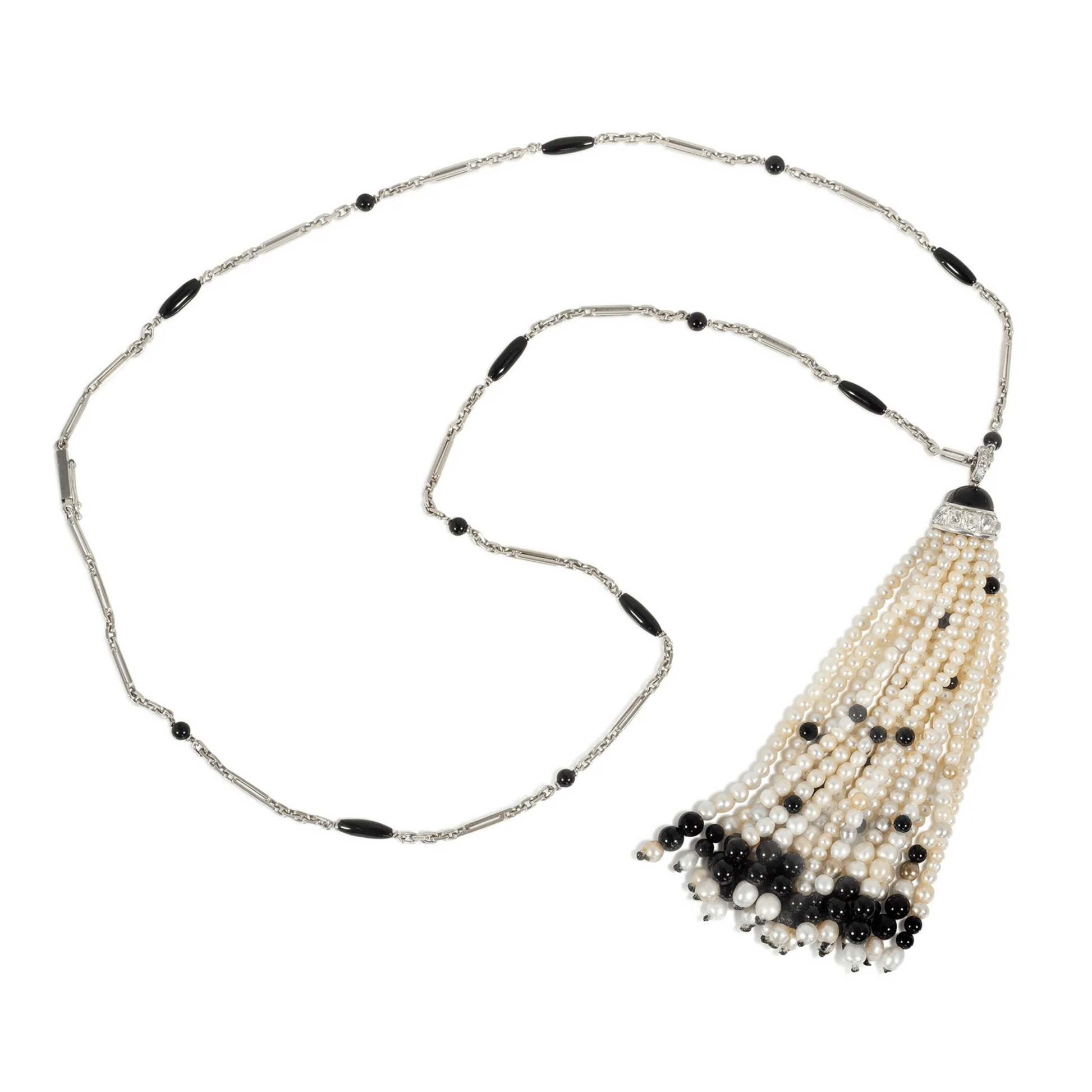 Art Deco Platinum Natural Pearl, Diamond & Onyx Necklace front