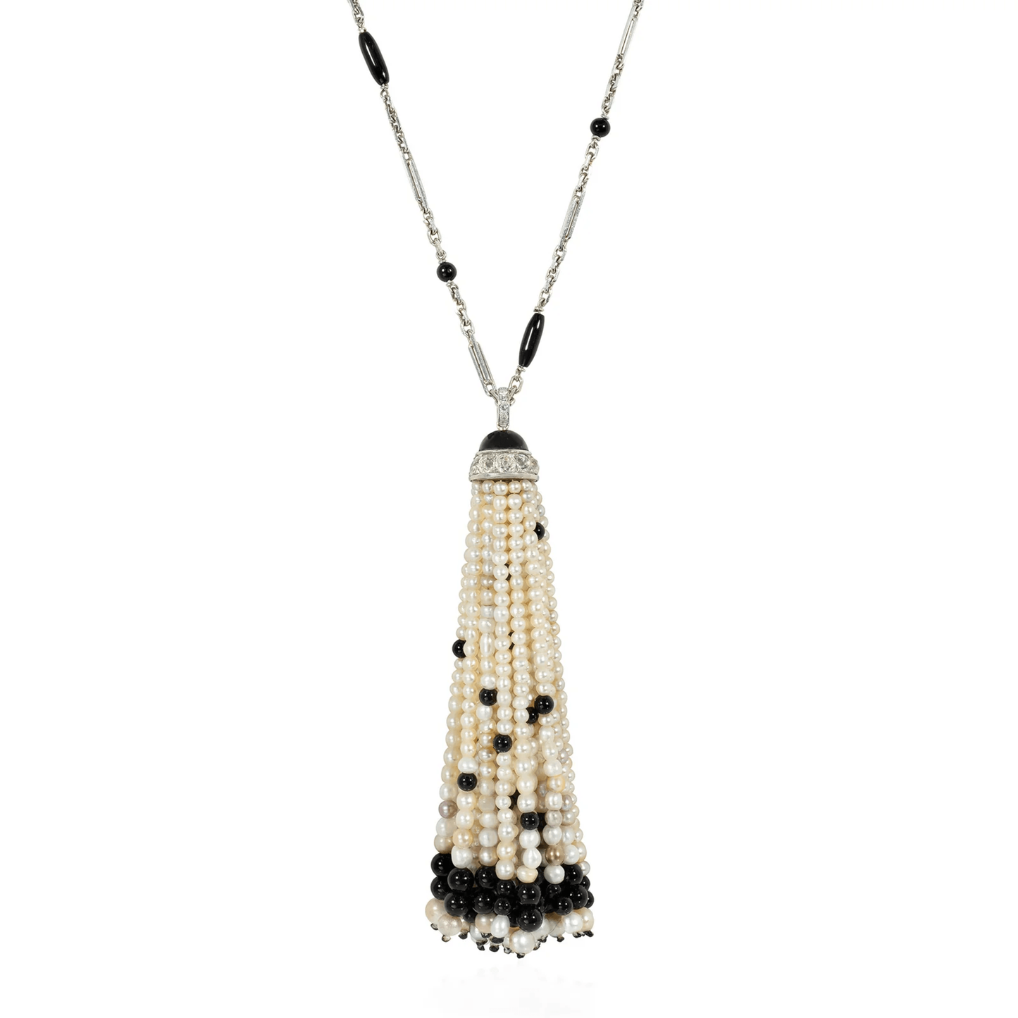 Art Deco Platinum Natural Pearl, Diamond & Onyx Necklace front