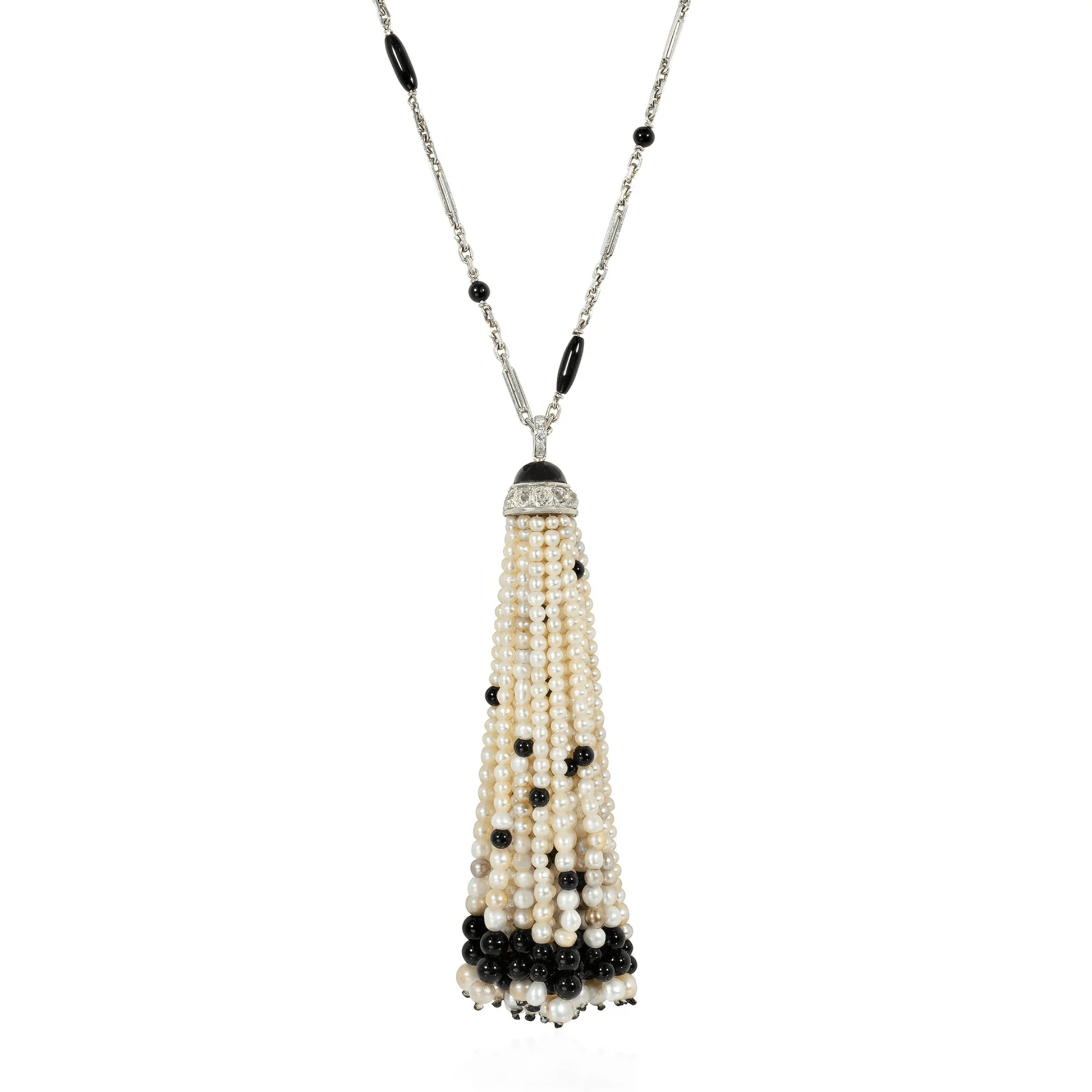Art Deco Platinum Natural Pearl, Diamond & Onyx Necklace front