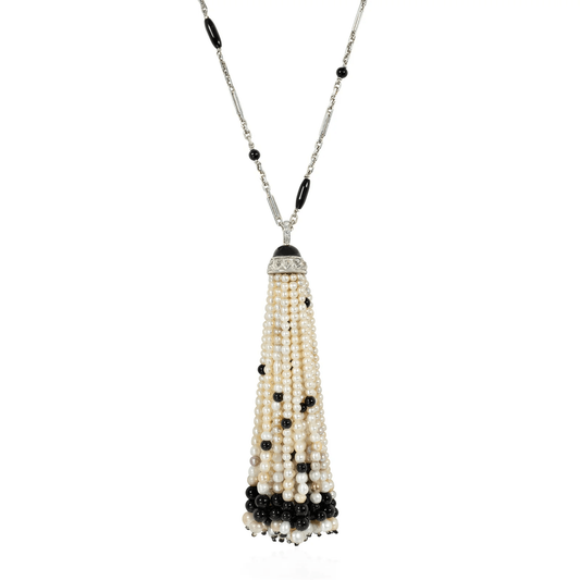 Art Deco Platinum Natural Pearl, Diamond & Onyx Necklace front
