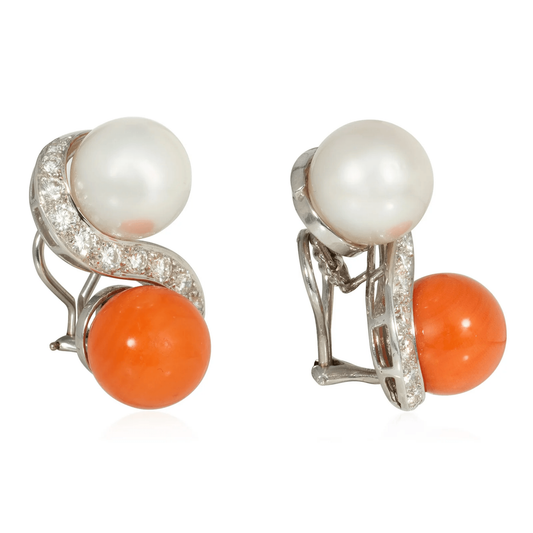 1950s 18KT Yellow Gold Diamond, Coral & Cultured Pearl Earrings side