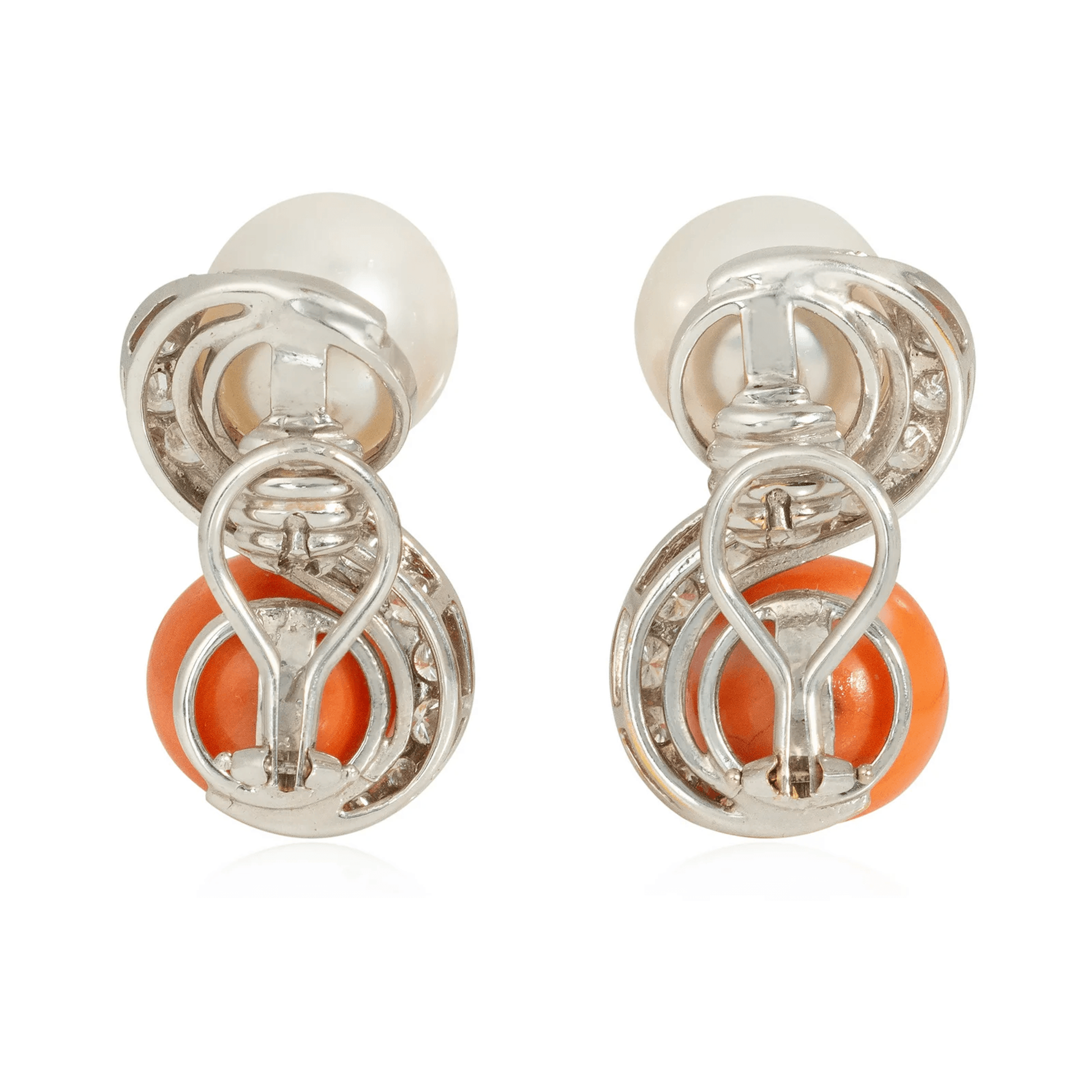 1950s 18KT Yellow Gold Diamond, Coral & Cultured Pearl Earrings back