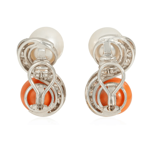 1950s 18KT Yellow Gold Diamond, Coral & Cultured Pearl Earrings back