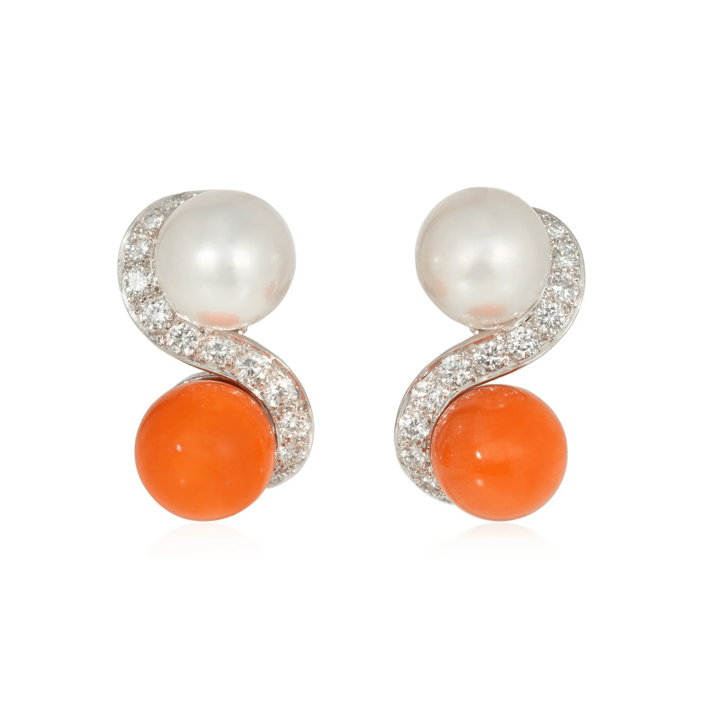 1950s 18KT Yellow Gold Diamond, Coral & Cultured Pearl Earrings front