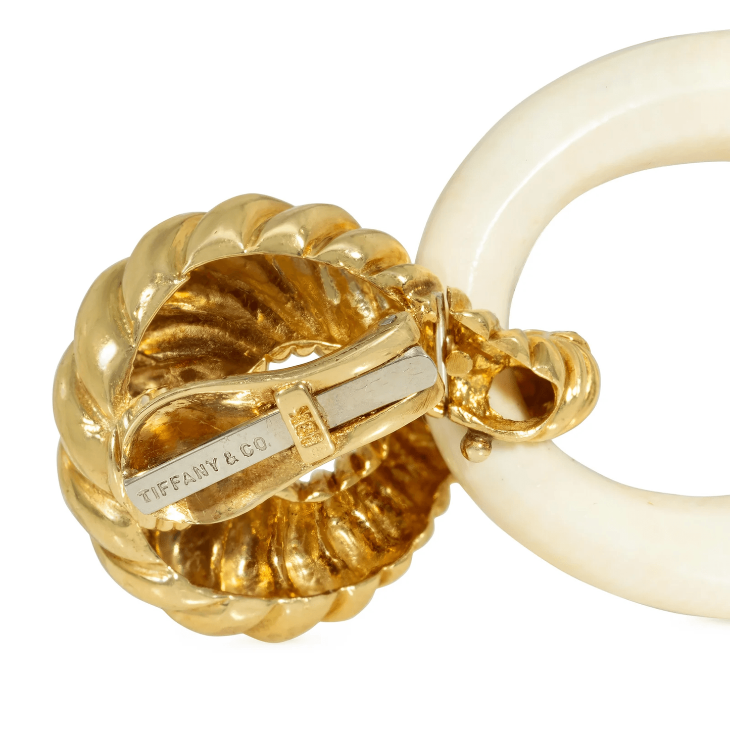 Tiffany & Co. 1970s 18KT Yellow Gold Onyx, Bone, Coral, Lapis Lazuli & Quartz Interchangeable Earrings signature