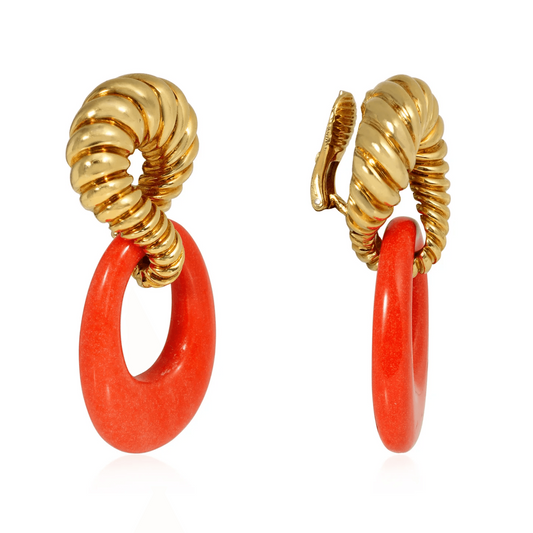 Tiffany & Co. 1970s 18KT Yellow Gold Onyx, Bone, Coral, Lapis Lazuli & Quartz Interchangeable Earrings coral