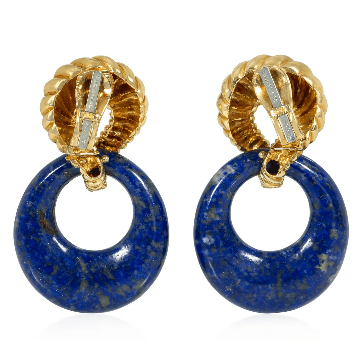 Tiffany & Co. 1970s 18KT Yellow Gold Onyx, Bone, Coral, Lapis Lazuli & Quartz Interchangeable Earrings lapis lazuli back