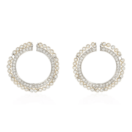 Art Deco Platinum Diamond & Natural Pearl Earrings front