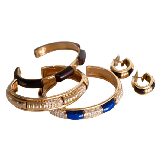 Boucheron France 1980s 18KT Yellow Gold Diamond, Lapis Lazuli & Wood Set front