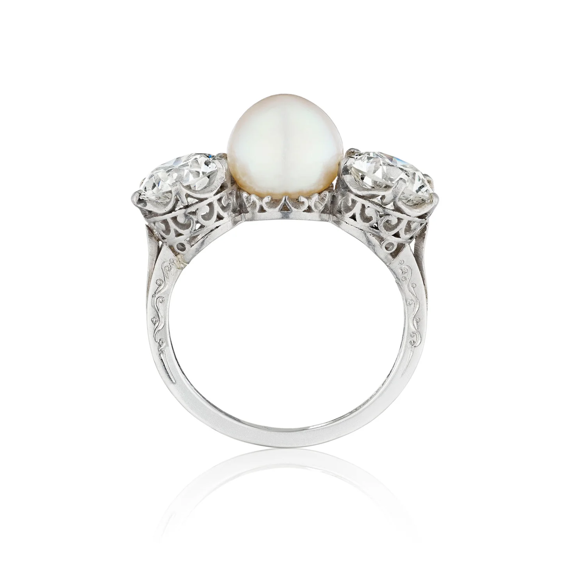 Tiffany & Co. Edwardian Platinum Natural Pearl & Diamond Ring profile