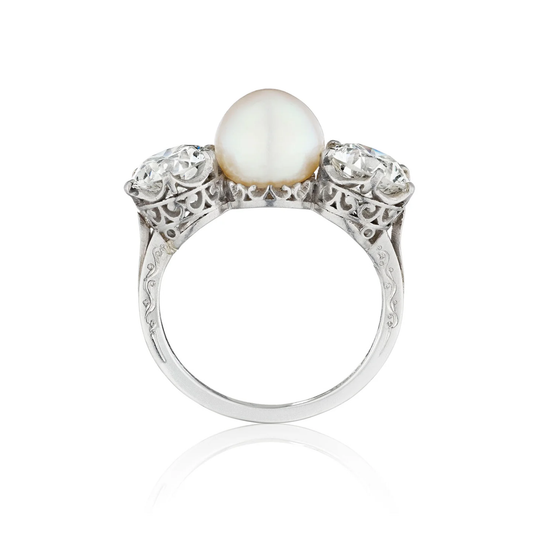 Tiffany & Co. Edwardian Platinum Natural Pearl & Diamond Ring profile