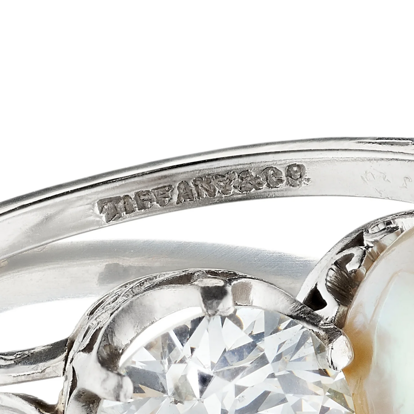 Tiffany & Co. Edwardian Platinum Natural Pearl & Diamond Ring signature