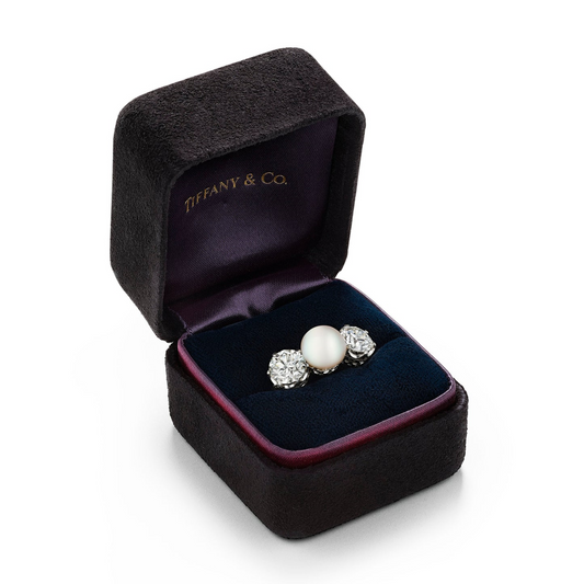 Tiffany & Co. Edwardian Platinum Natural Pearl & Diamond Ring in box