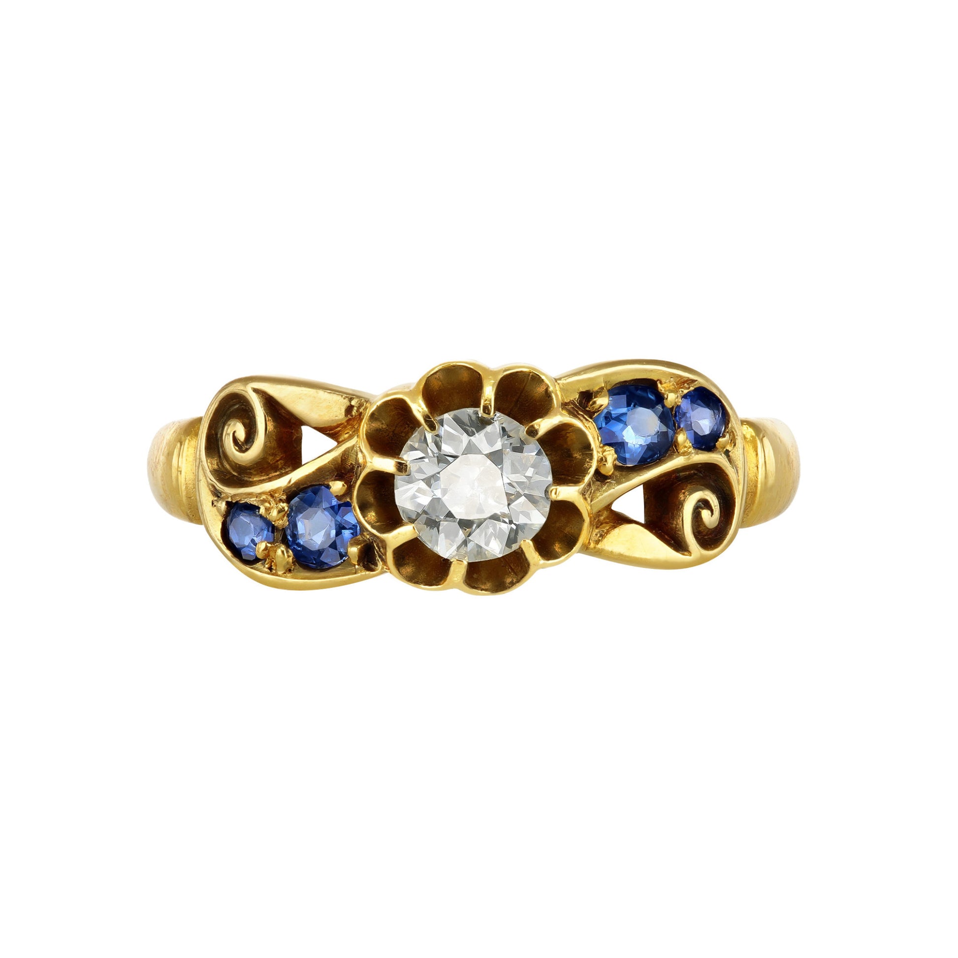 Victorian 18KT Yellow Gold Diamond & Sapphire Ring front