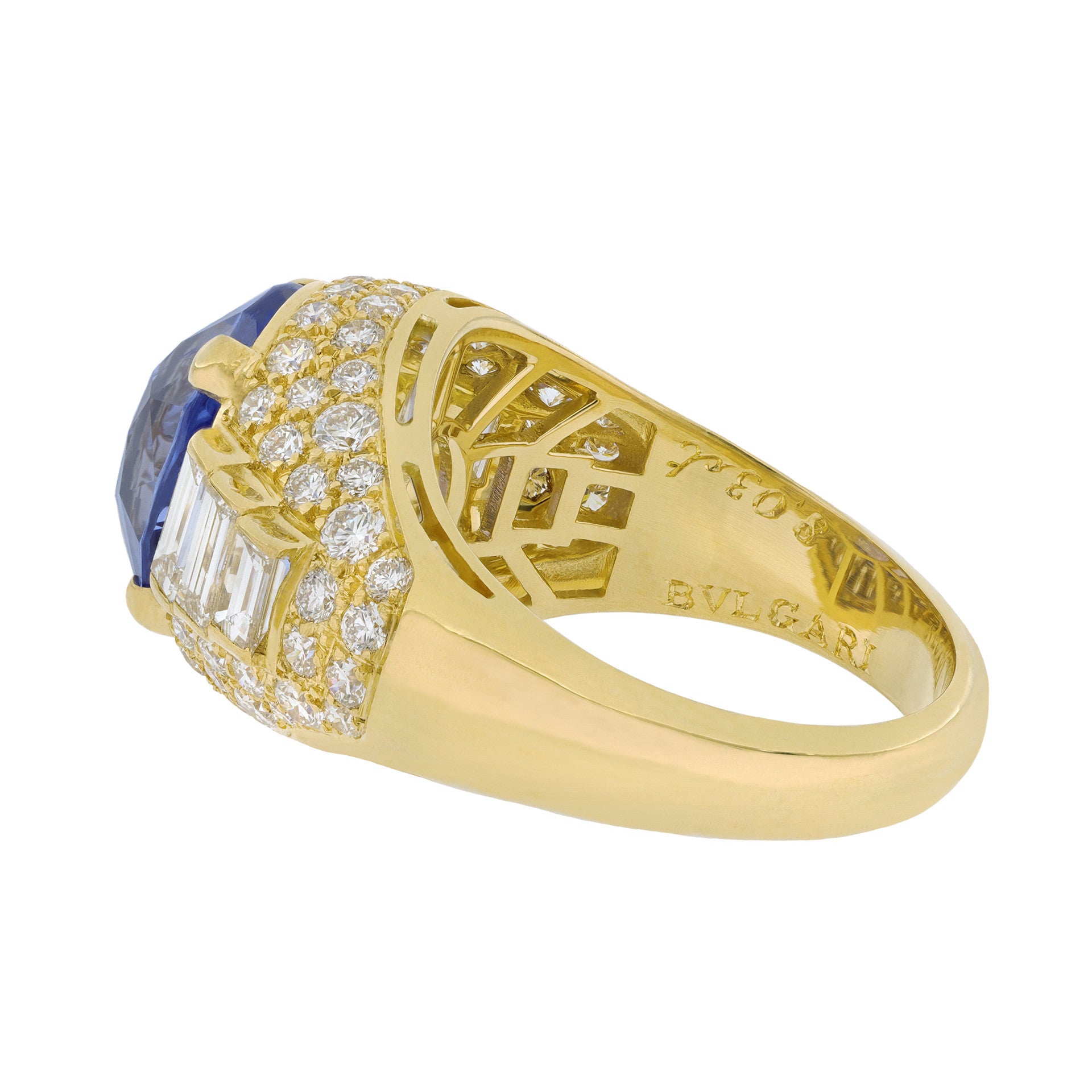 Bulgari 1980s 18KT Yellow Gold Sapphire & Diamond Trombino Ring side and signature