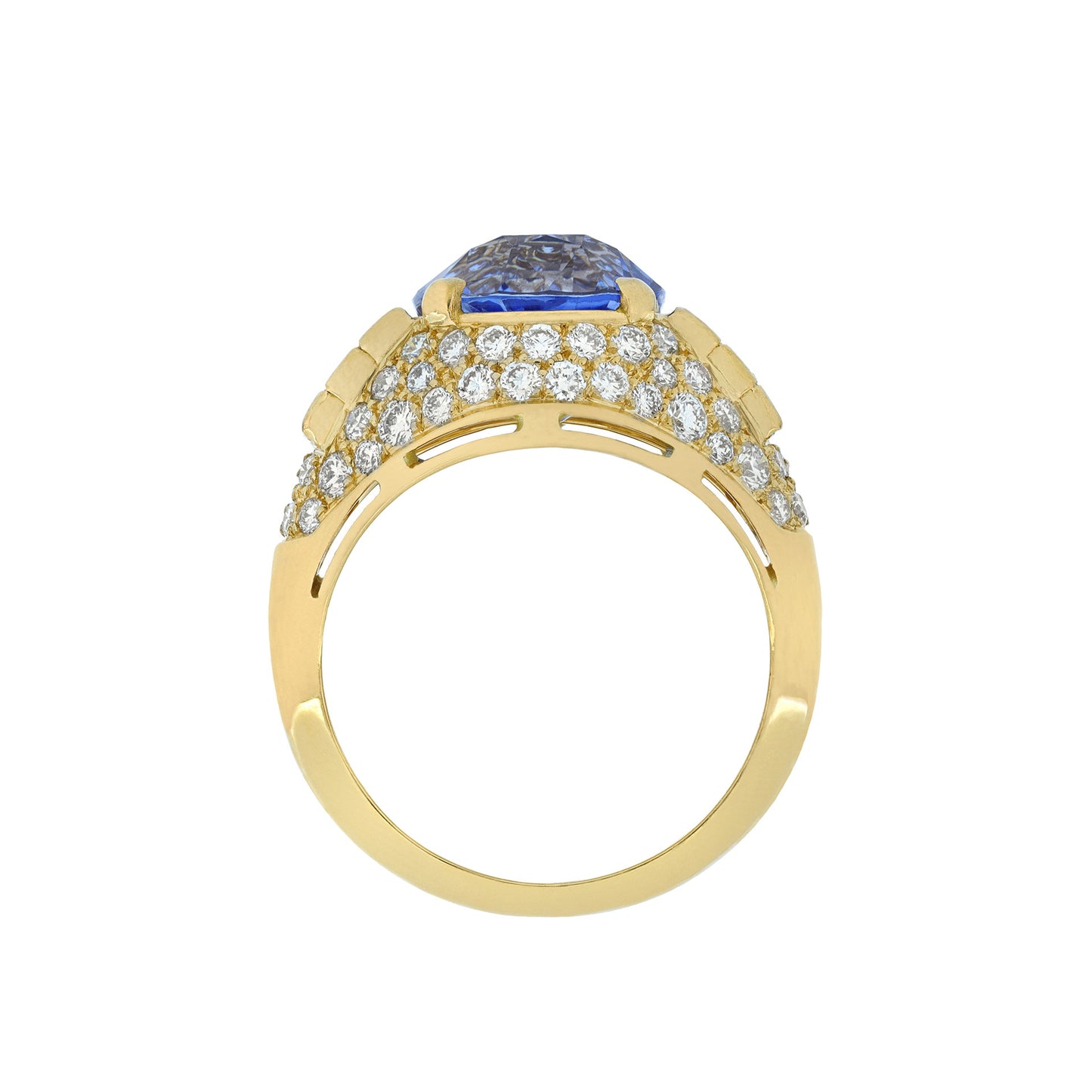 Bulgari 1980s 18KT Yellow Gold Sapphire & Diamond Trombino Ring profile