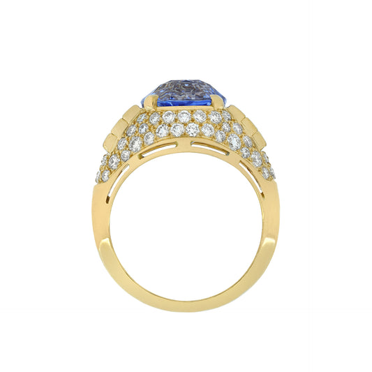 Bulgari 1980s 18KT Yellow Gold Sapphire & Diamond Trombino Ring profile
