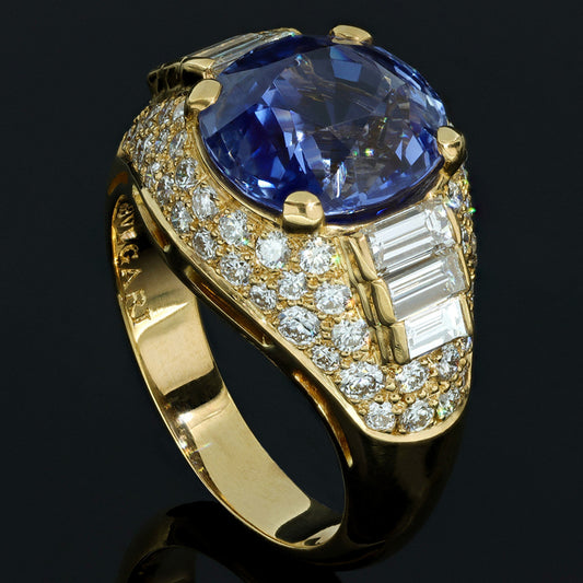 Bulgari 1980s 18KT Yellow Gold Sapphire & Diamond Trombino Ring front